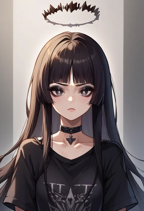 score_9, score_8_up, source_anime, 1girl, solo, VirtuosaBase, white pupils, long hair, hime cut, broken halo, black shirt, t-shirt, black choker, goth, eyeliner, eyeshadow, 