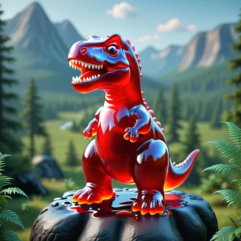 there is a red toy dinosaur that is standing on a rock