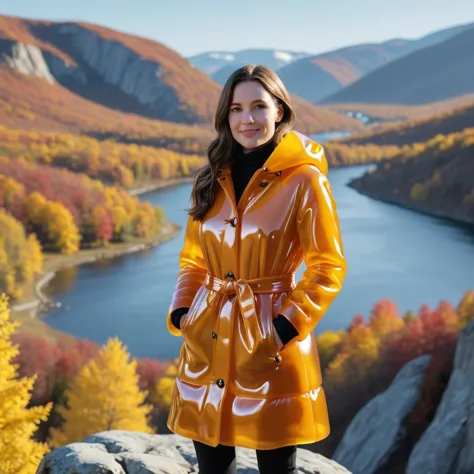 arafed woman in a yellow raincoat standing on a rock overlooking a lake