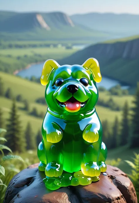 there is a green bear sitting on a rock in the mountains