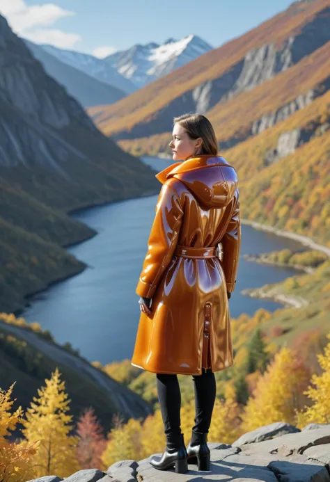 woman in a leather coat standing on a rock overlooking a lake