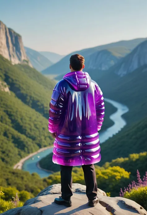 arafed man in a purple raincoat standing on a rock overlooking a valley