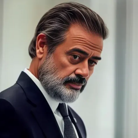 a close up of a man in a suit and tie with a beard