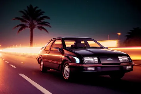 analog gloomy photo of a black Ford Sierra car, <lora:s13rr4:1>, racing down a neon highway at night, outrun, synthwave, retrowa...