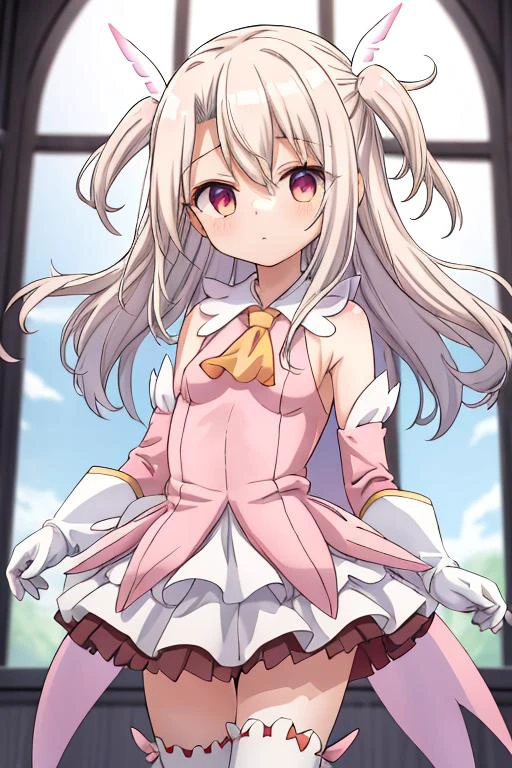 masterpiece, best quality,ultra detail,,  aaillya, long hair, two side up, hair ornament, small breasts, magical girl, cape, yellow ascot, pink dress, sleeveless, detached sleeves, white gloves, white skirt, pink thighhighs