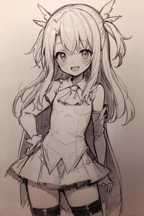 (Pencil_Sketch:1.2, messy lines, greyscale, traditional media, sketch), unfinished, hatching (texture) ,  aaillya, long hair, two side up, hair ornament, small breasts, magical girl, cape, yellow ascot, pink dress, sleeveless, detached sleeves, white gloves, white skirt, pink thighhighs, smile, open mouth, standing, contrapposto,