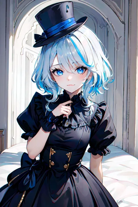 anime girl with blue hair wearing a black dress and a top hat