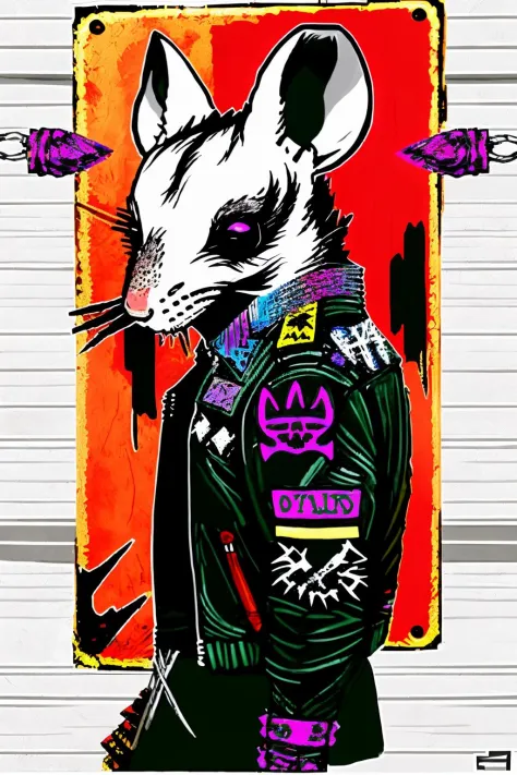 A rat with a spiked collar and a ripped denim vest emblazoned with anarchy symbols, sneers defiantly as it stands beside a spray...