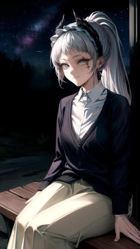 anime girl sitting on a bench with her hands on her hips