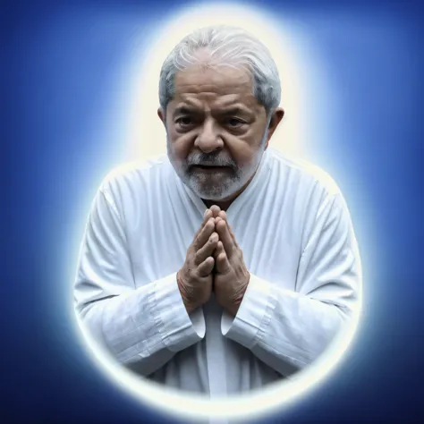 a man in white shirt praying with a halo around him