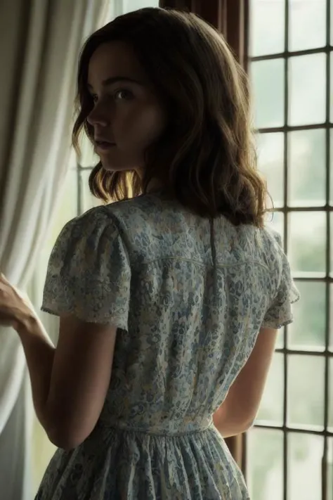 indoors, cinematic film still of a young woman in a summer dress, detailed face, intricately detailed, depth of field, dramatic backlighting