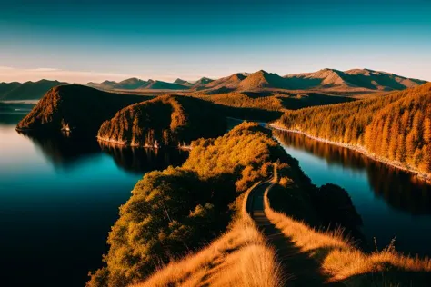 a view of a lake surrounded by mountains and trees