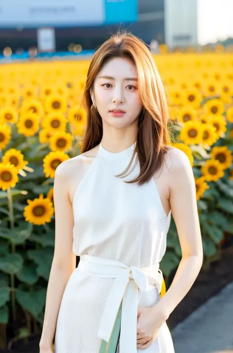 a korean idol,mature body,Yunjin, (upper body:1.5), nikon RAW photo,8 k, Fujifilm XT3,masterpiece, best quality, realistic, photorealistic, ultra detailed, extremely detailed face, solo, standing, fashionable and trendy atmosphere, and a stylish expression on her face, close up, (narrow waist), white dress on field of sun flowers,<lora:Tissue_LE SSERAPHIM_Hunjin_v1.0:0.8>