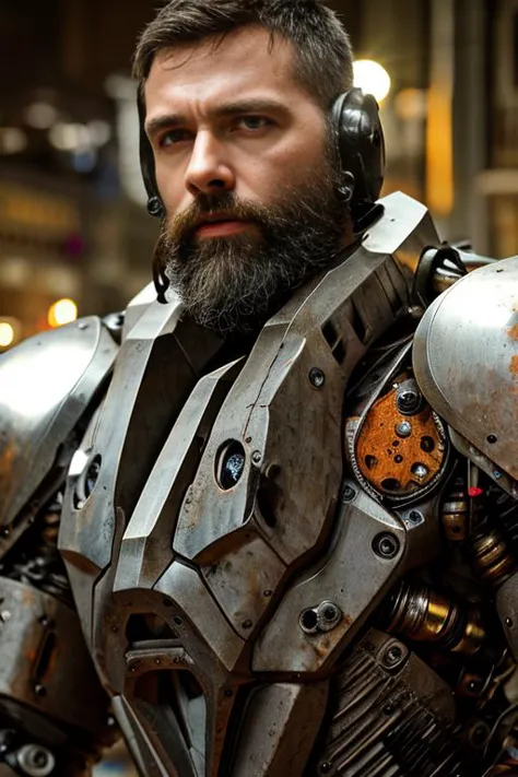 Portrait photo of muscular bearded guy in a worn mech suit, ((light bokeh)), intricate, (steel metal [rust]), elegant, sharp foc...