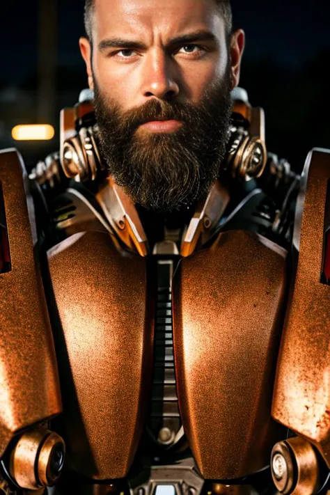 Portrait photo of muscular bearded guy in a worn mech suit, ((light bokeh)), intricate, (steel metal [rust]), elegant, sharp foc...