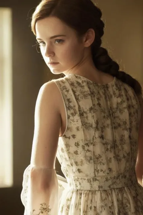 indoors, cinematic film still of a young woman in a summer dress, detailed face, intricately detailed, depth of field, dramatic backlighting