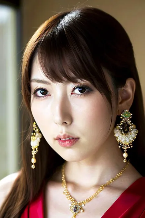 A photo of a Japanese woman named hatanoyui,face,Detailed pupils,skin texture,From front,Detailed eyes,necklaces, earrings, jewelry,eye shadow,skin pores,(wearing dress:1.2),<lyco:hatanoyui-amateurV1:0.65>,(closed mouth),sexy lips