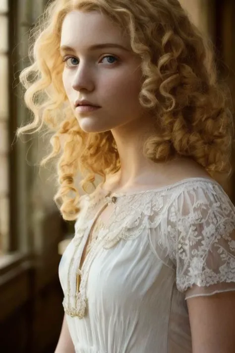 indoors, cinematic film still of a blond young woman in a diaphanous summer dress, victorian updo, curly locks, detailed face, i...