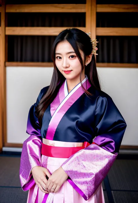 a woman in a pink and blue kimono is posing for a picture