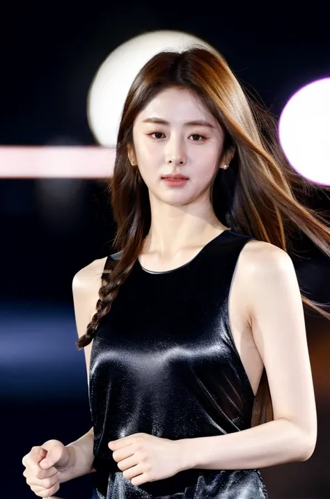 a korean idol,mature body,Yunjin, (upper body:1.2), nikon RAW photo,8 k, Fujifilm XT3,masterpiece, best quality, realistic, photorealistic, ultra detailed, extremely detailed face, solo,1girl, standing, fashionable and trendy atmosphere, close up, black dress, walking, at the dark streets, moonrise, sleeveless, fabric clothes, long hair,<lora:Tissue_LE SSERAPHIM_Hunjin_v1.0:0.8>