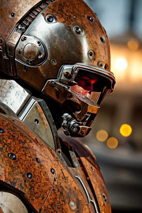 Portrait photo of muscular bearded guy in a worn mech suit, ((light bokeh)), intricate, (steel metal [rust]), elegant, sharp focus, photo by greg rutkowski, soft lighting, vibrant colors,((streets)), (detailed face),(masterpiece:1.2) and (best quality:1.2) and (photorealistic:1.4) and (Realistic:1.4) and Detailed Skin Textures and detailed skin pores