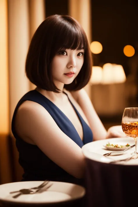 cinematic photo woman, Romantic portrait, 25 year old Japanese woman, bob cut hair, At a romantic dinner date, looking at the vi...