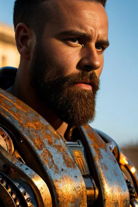 Portraitfoto eines muskulösen bärtigen Typen in einem abgenutzten Mech-Anzug, ((leichtes Bokeh)), kompliziert, (Stahl Metall [Rost]), elegant, scharfer Fokus, Foto von Greg Rutkowski, sanfte Beleuchtung, leuchtende Farben,((Straßen)), (Detailliertes Gesicht),(Meisterwerk:1.2) Und (beste Qualität:1.2) Und (fotorealistisch:1.4) Und (realistisch:1.4) Und Detailed Skin Textures Und detailed skin pores