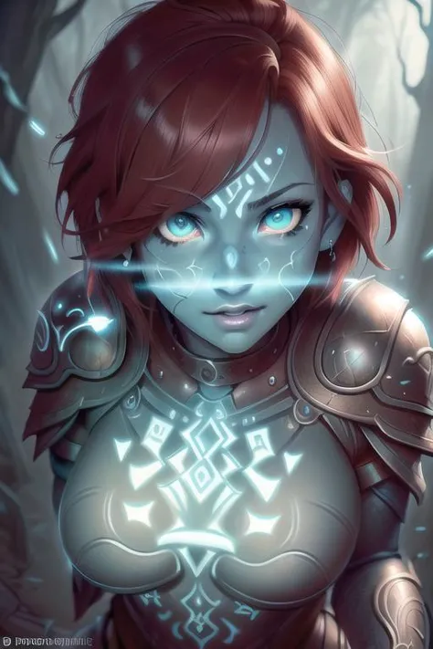 a woman with red hair and armor holding a glowing sword