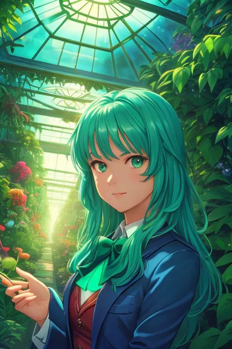 a girl with green hair and blue eyes holding a flower