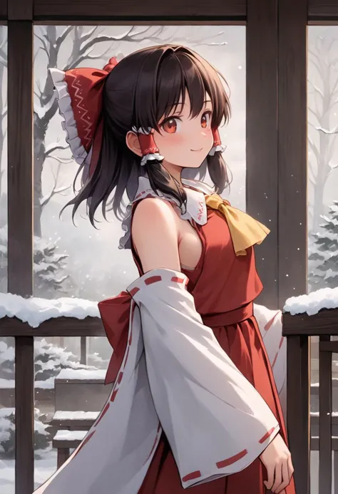 1 girl, whole body, hakurei reimu,1girl,solo,detached sleeves, hair bow, red bow, ascot, hair tubes, skirt, frills, red skirt, y...