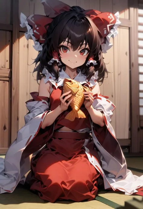 hakurei reimu, touhou, reimu,
masterpiece, 1girl  , black hair, eating taiyaki , seiza sitting on tatami, smile, cute, pure, quality, determined, extremely detailed, innocent, depicted, sharp detail, great composition, intricate, complex, professional, stunning, attractive, illustrious