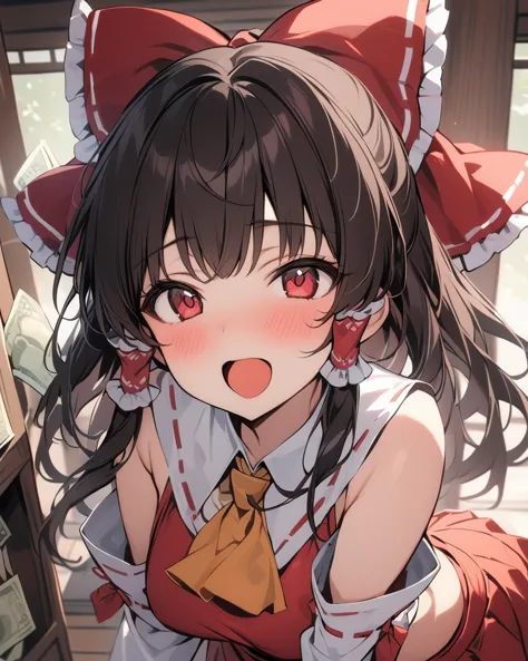 hakurei reimu,1girl,black hair, hair_bow, solo, red_bow, detached_sleeves, money, hair_tubes, ascot, open_mouth, red_skirt, ribbon-trimmed_sleeves, :d, bare_shoulders, blush
<lora:hakurei_reimu_image6409_2023-12-06-000004:1>,masterpiece, best quality