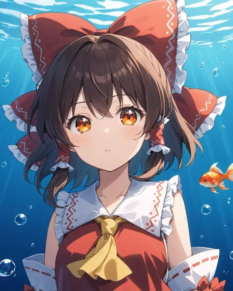 hakurei reimu,1girl, solo, red_bow, hair_bow, yellow_ascot, looking_at_viewer, frilled_bow, frilled_hair_tubes, detached_sleeves, upper_body, red_vest, goldfish, air_bubble, parted_lips, sidelocks, underwater
<lora:hakurei_reimu_image6409_2023-12-06-000004:1>,star-shaped_pupils,symbol-shaped_pupils,. gorgeous,key visual, vibrant, studio anime,award-winning, professional, highly detailed,high budget, cinemascope