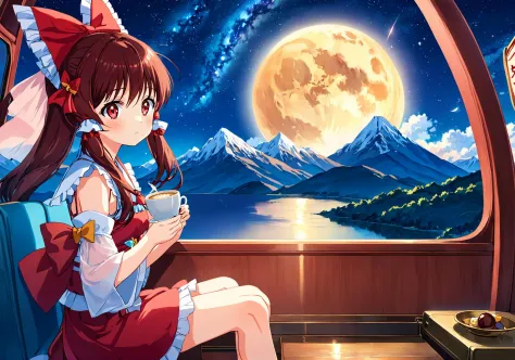 breathtaking,Hakurei Reimu, 1girl,solo, hair bow,red miko  ,1girl,from side,Sitting on the train,milky way background, full moon high hangs in the starry sky,
, drinking coffee, looking out the window at the endless fields, the sun setting in the distance, the mountains in the sky.<lora:Hakurei_v3.2_base_bs24-000008:0.8:lbw=xl1-1>, 
 .gorgeous,key visual, vibrant, studio anime,award-winning, professional, highly detailed,high budget, cinemascope