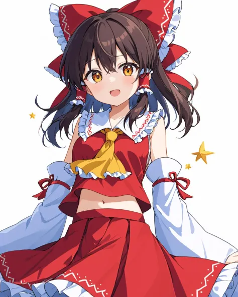 hakurei reimu,1girl, solo, detached_sleeves, hair_bow, red_bow, hair_tubes, red_skirt, open_mouth, yellow_ascot, ofuda, looking_at_viewer, simple_background, navel, white_background, ribbon-trimmed_sleeves, wide_sleeves, holding, bare_shoulders, frills, nontraditional_miko, shirt, vest, sidelocks, :d, upper_body, skirt_set
<lora:hakurei_reimu_image6409_2023-12-06-000004:1>,star-shaped_pupils,symbol-shaped_pupils,. gorgeous,key visual, vibrant, studio anime,award-winning, professional, highly detailed,high budget, cinemascope