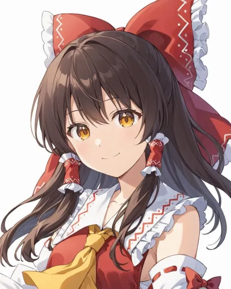 hakurei reimu,1girl, solo, detached_sleeves, white_background, hair_bow, red_bow, simple_background, upper_body, yellow_ascot, looking_at_viewer, smile, white_sleeves, holding, shirt, wide_sleeves, frilled_hair_tubes, vest, closed_mouth, sidelocks, gohei
<lora:hakurei_reimu_image6409_2023-12-06-000004:1>,star-shaped_pupils,symbol-shaped_pupils,. gorgeous,key visual, vibrant, studio anime,award-winning, professional, highly detailed,high budget, cinemascope