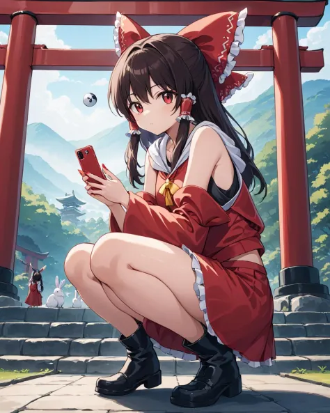 hakurei reimu,1girl, squatting, holding_phone, torii, solo, black_footwear, yin_yang, hair_bow, red_bow, looking_at_viewer, smartphone, ofuda, red_nails, full_body, red_skirt, hair_tubes, frilled_bow, shoulder_cutout, adapted_costume, closed_mouth, ribbon-trimmed_sleeves, outdoors, hair_ornament, rabbit, sidelocks, bare_shoulders, boots, detached_sleeves, long_sleeves, artist_name, nail_polish, hoodie
<lora:hakurei_reimu_image6409_2023-12-06-000004:1>,star-shaped_pupils,symbol-shaped_pupils,. gorgeous,key visual, vibrant, studio anime,award-winning, professional, highly detailed,high budget, cinemascope