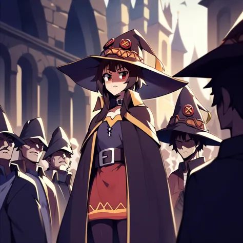 score_9, score_8_up, score_7_up, score_6_up, score_5_up, score_4_up, rating_safe,source_anime,megumin wearing a witch hat and standing in front of a crowd,  <lora:PonyBackgroundDetailerV2:1>