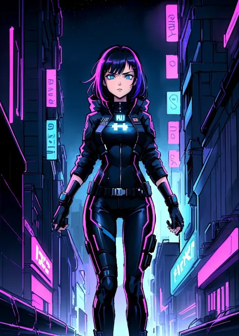 a woman in a black suit standing in a city at night