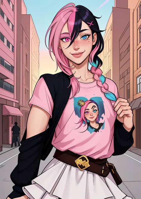 a cartoon girl with pink hair and a pink shirt is walking down the street