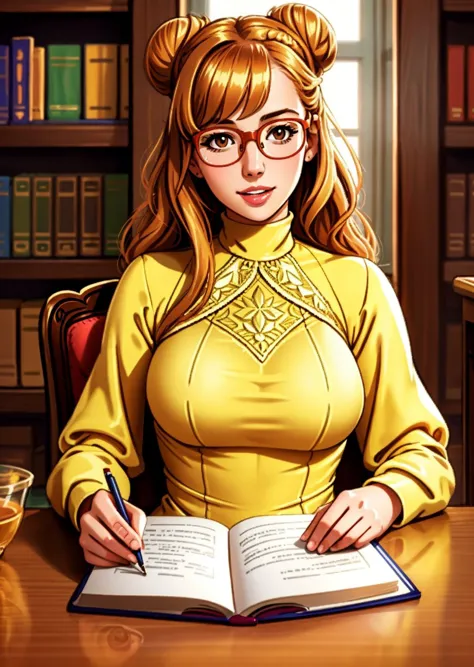 a photo of AM207_Kay_J, 30 years old bun-haired woman in (thick frame glasses) weared (long-sleeve high neck dress:1.2) sitting at the table in the library, <lora:LowRA:0.3>, soft light, golden hour, cheerful mood, shoulder shot, close up, 4k textures, natural skin texture, skin pores, adobe lightroom, photolab, intricate, highly detailed, sharp focus, professional photo, insane details, intricate details, hyperdetailed, hyperrealistic