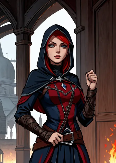 Assassin girl from the, mask, beautiful eyes, hood, Ginger head, daggers in hands, forbidding, pre-raphaelitism dynamic pose, Aassassin's Creed style,