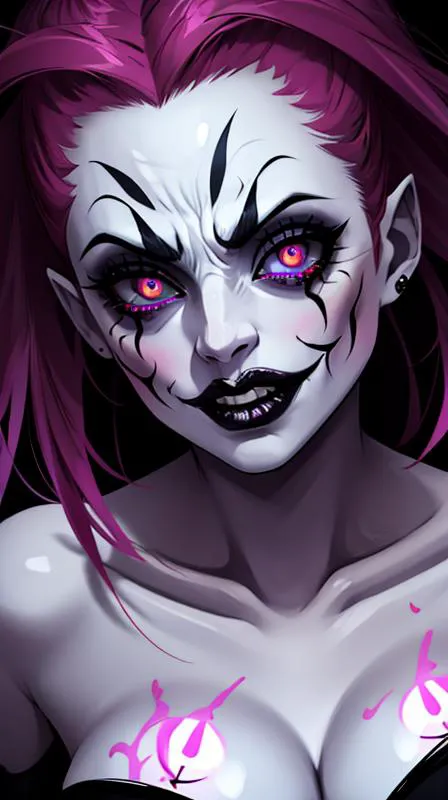 a close up of a woman with pink hair and a creepy makeup