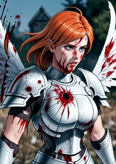 low camera angle, upper body, angel girl, beautiful eyes, Ginger hair, (covered in blood:1.4), (torn paladin armor covered in blood:1.4), (broken white wings covered in blood:1.4), sacrifices himself, rage, determination, runs forward with all his might, Attacks the enemy, (bloody hell background:1.4), physical particle effect(masterpiece), (realistic), 8k, RAW photo, very wide shot, octane render, unreal engine, volumetrics dtx, (film grain, bokeh, blurry foreground)