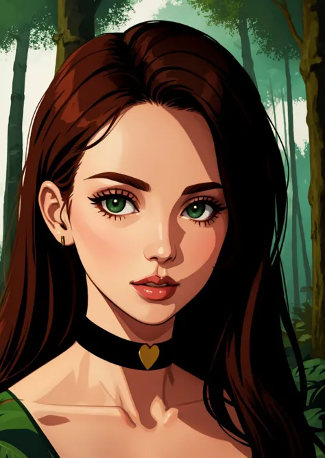 a woman with long brown hair and green eyes in a forest