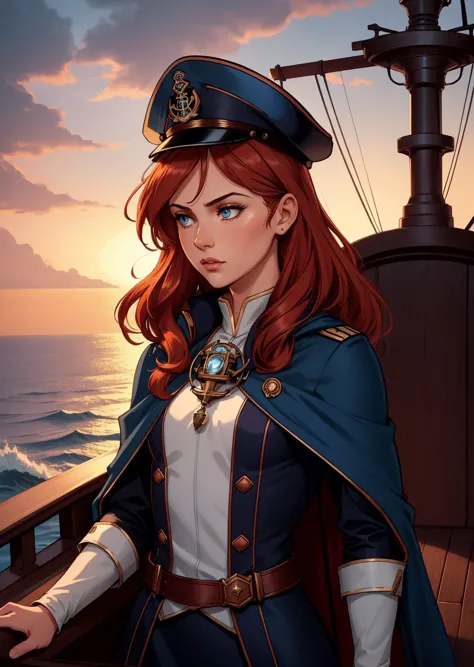 a woman in a blue uniform standing on a ship