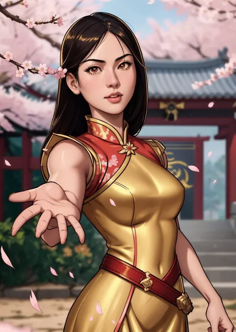 closed up portrait comics bock, chinese hero girl, dynamic fighter pose, ((gold dress)),(gold sword is clutched in the palm of the hand), (scattered sakura petals:1.2),(detailed clothes features), advn_v1 dress, enemies in the background, (masterpiece), (realistic), 8k, RAW photo, very wide shot, octane render, unreal engine, volumetrics dtx, (film grain, bokeh, blurry foreground)