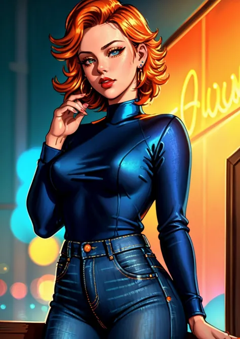 a cartoon of a woman in a blue top and jeans