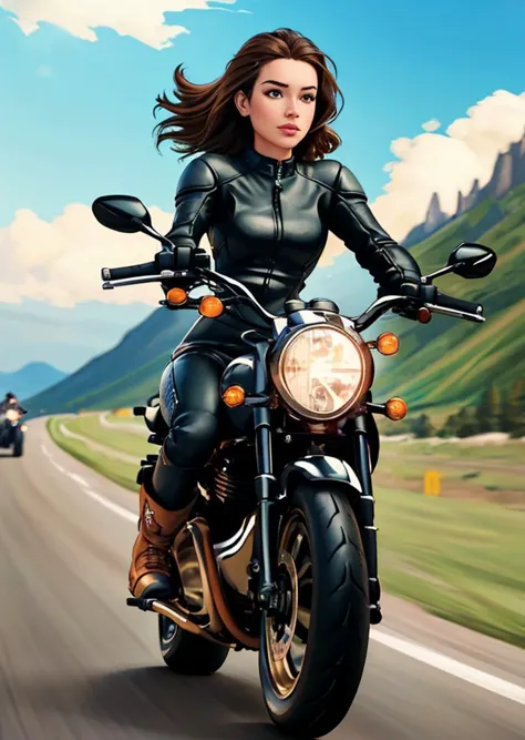 painting of a woman riding a motorcycle on a road with mountains in the background