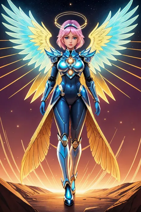 manga page illustration, upper body illustration, full body, fashion of cute mechangel, glowing 4 wings, solo, glowing armor, glowing halo, building, glowing mechanical 4 wings (intricate details, hyperdetailed:1.15), detailed, light passing through hair, (official art, extreme detailed, highest detailed)